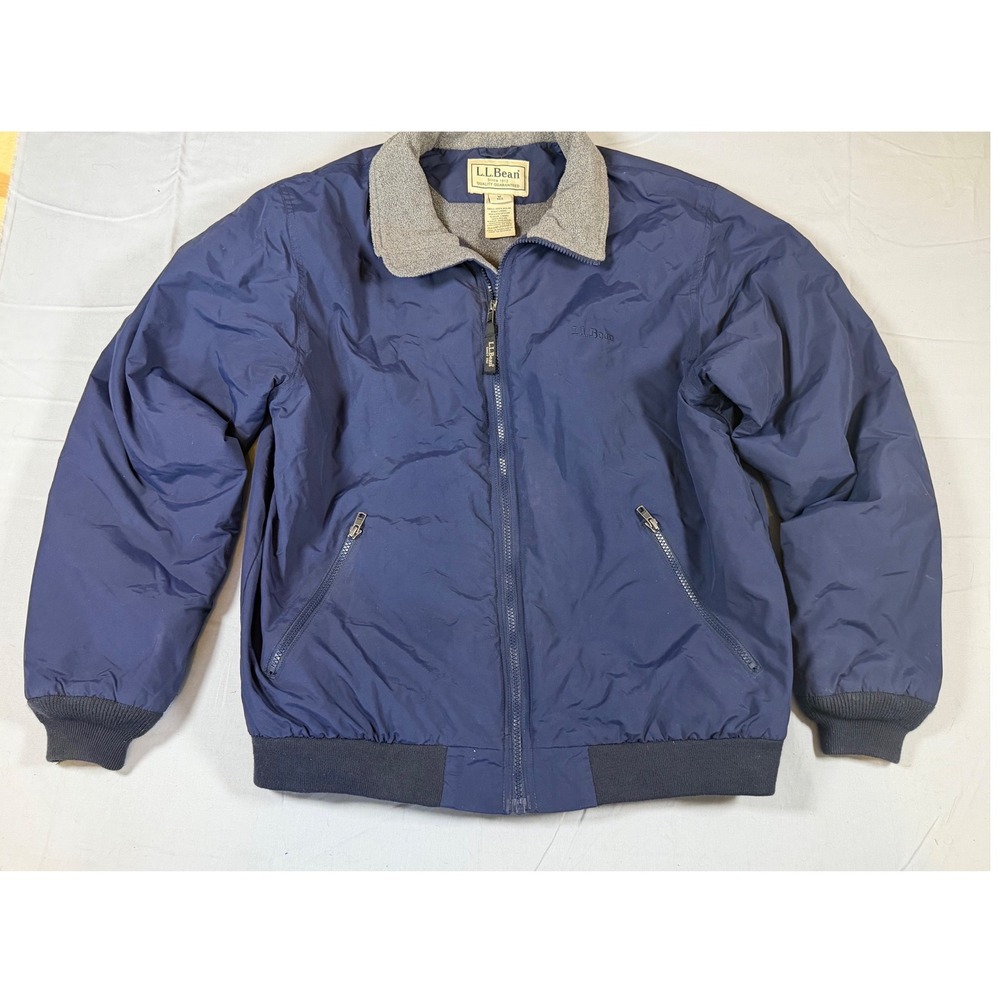LL Bean Mens Three-Season Fleece Lined Bomber Jacket Navy Blue Medium Y2K